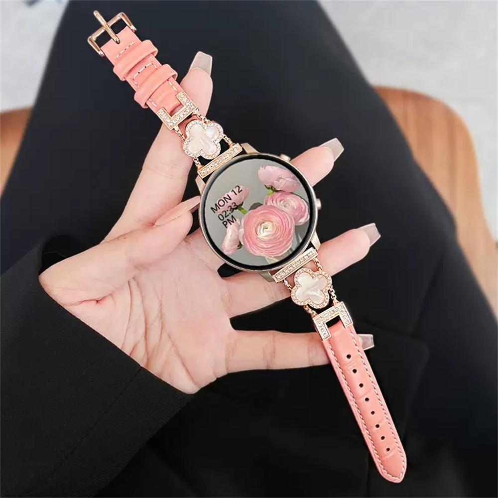 20mm 22mm Luxury Clover Diamonds Strap For Samsung Galaxy Watch 6 4 Classic 3 5 Pro 40 44 42 46 mm Leather Bracelet Women Band