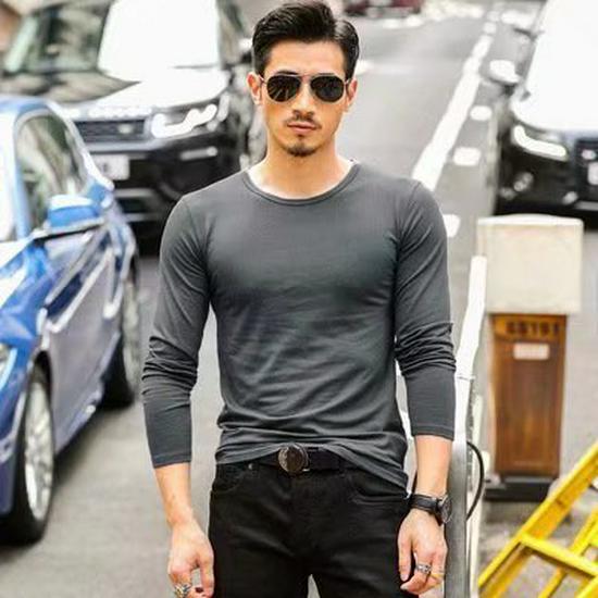 Men's Slim Fit Long-Sleeve Round Neck T-Shirt - Solid Color Autumn Top