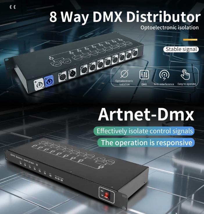 Splitter di Segnale 8 Canali DMX512 Controller Luci da Palco Distributore DJ Luci Disco Matrimonio Festa Amplificatore di Segnale Distribu nero