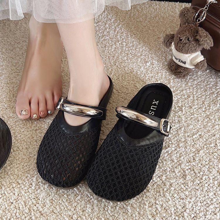 Mesh Breathable Women's Sandals 2025 New French Fishnet Toe Half Slippers for Women To Wear Outside In Summer