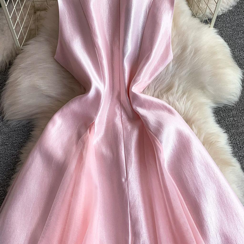 Summer New Sleeveless White Spliced Tulle Satin Maxi Dress Women‘s O Neck Slim Waist Ruched A Line Formal Wedding Evening Party Dress