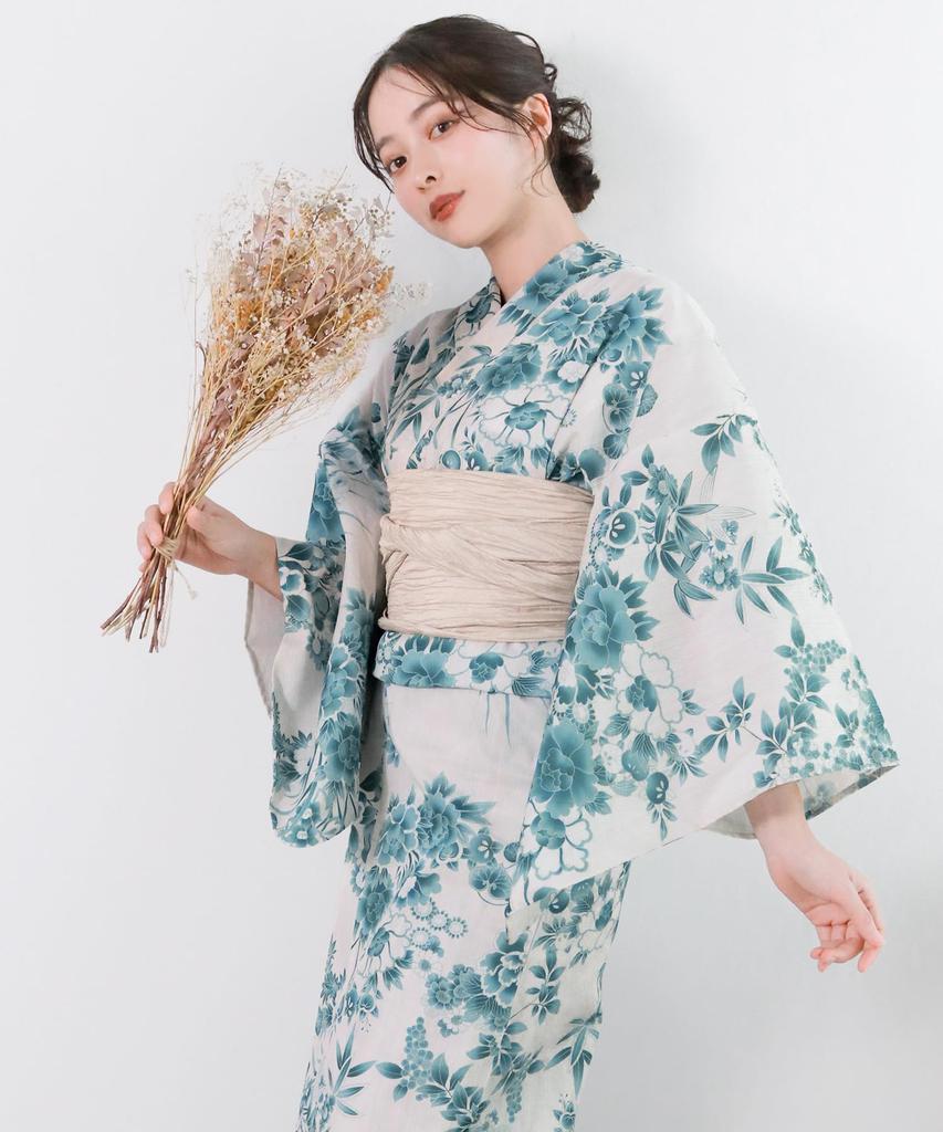 Yukata Unique Natural Set AB Free [KYOETSU] Set, Weave, White, Two-Piece 3-Piece (Yukata, Obi, Geta), Women's (Hisui Kaen, Size)