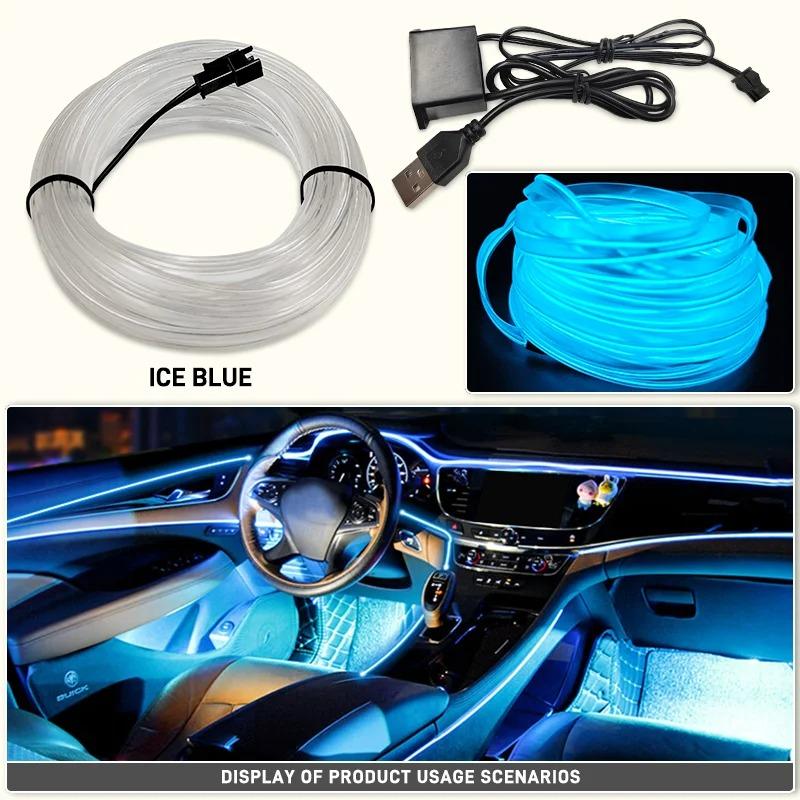 Car Interior LED EL Neon Strip USB Flexible Ambient Light, 3M/5M Optional DIY Atmosphere Lamp for Auto Interior Decoration