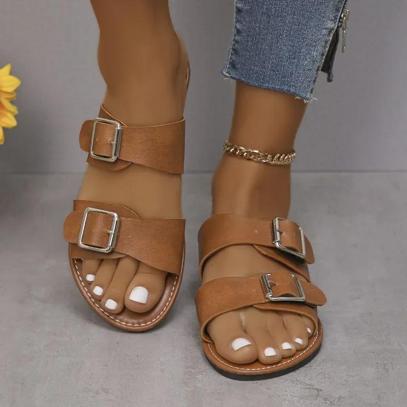 Mode Damen Neue Sommer Hausschuhe Trend Schnalle Flache Freizeitschuhe Hausschuhe für Zuhause Täglich Flache Slipper Party Damen Sandalen Pantoletten