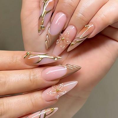 3D Floral False Nails – Long, Pointed, Wearable, Reusable Nail Tips with Nail Stickers