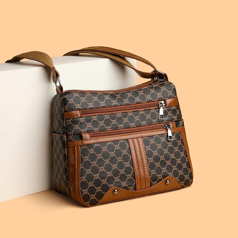 Women Large Capacity Patchwork Pattern Bag Middle-Aged Mom Shoulder Bag Crossbody Bag Daily Commuter