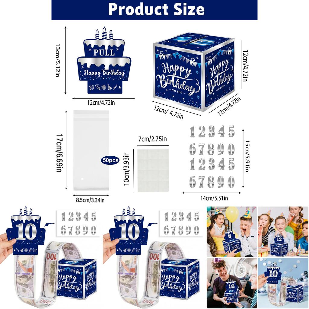 Blue Silver Number Sticker Gift Box For Birthday Party Decor And Cash Envelope