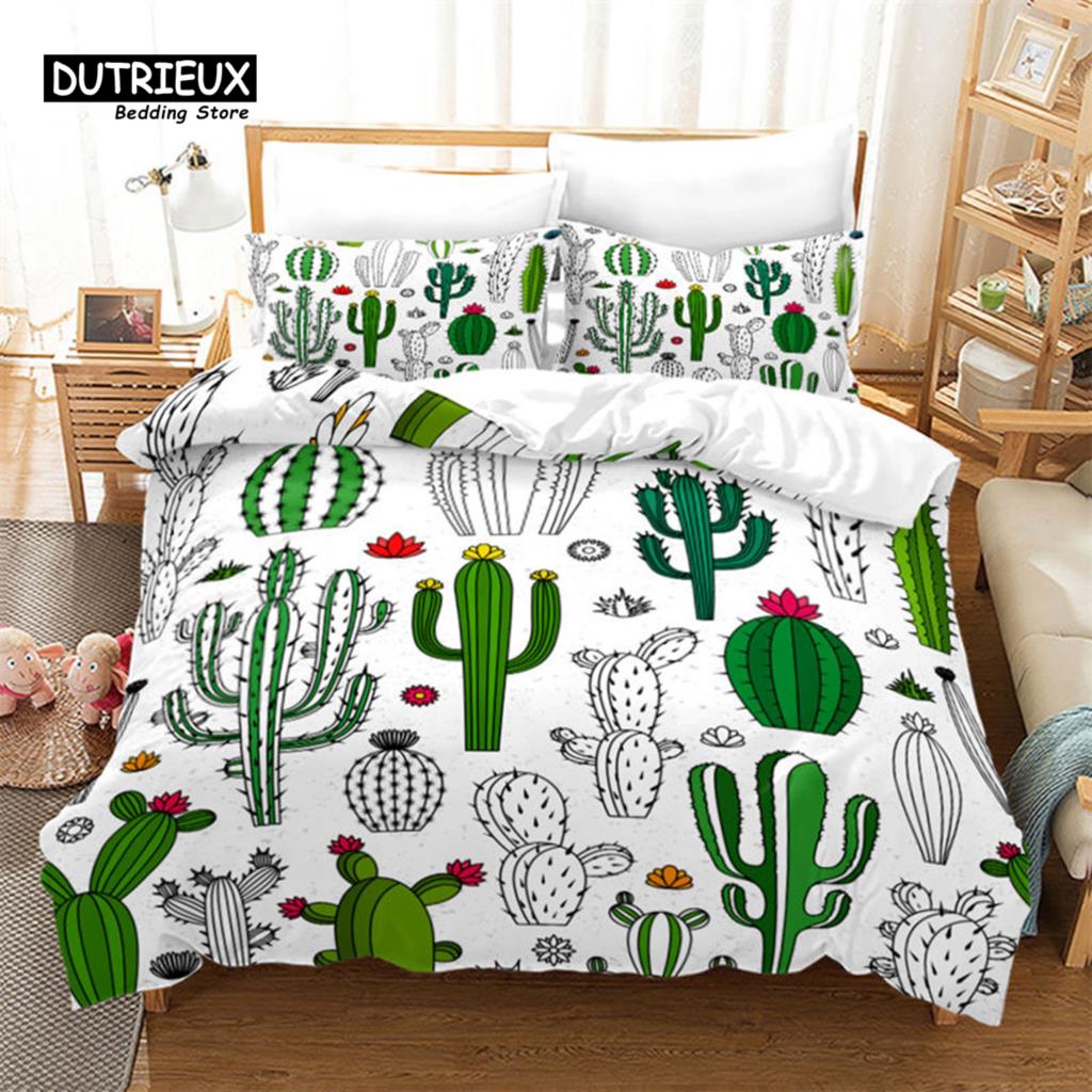Chic Cactus Bedding Set Queen For Kids Teen Decor Cartoon Green Plants Succulents Duvet Cover Nature Art Floral Comforter Cover