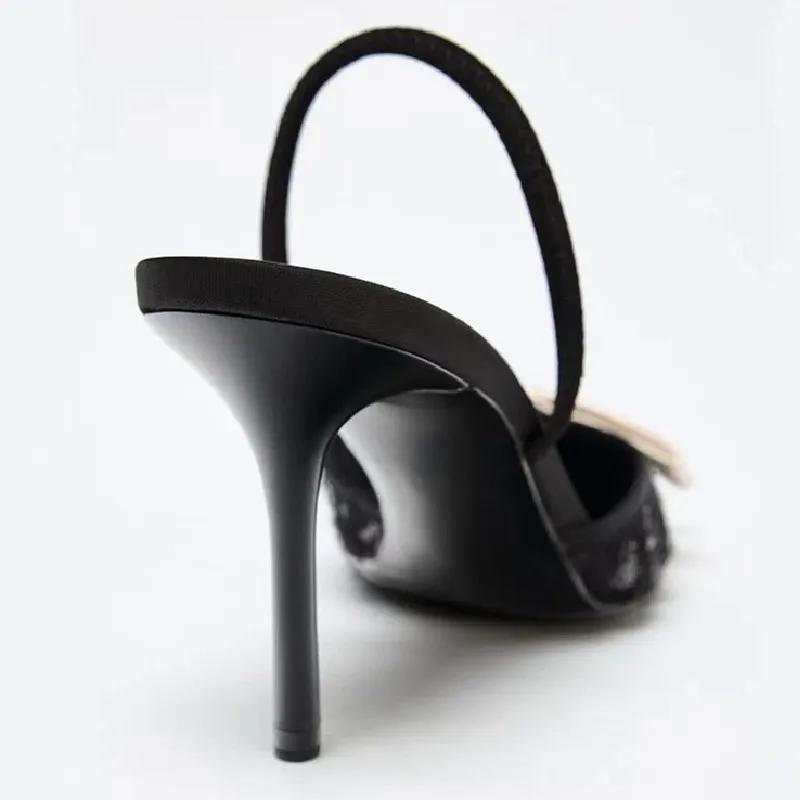 Brand Designer Heels for Women Fashion Pointed Toe Mesh Bling Bow Summer Sandals Elegant Banquet Back Strap Party Shoes Ladies