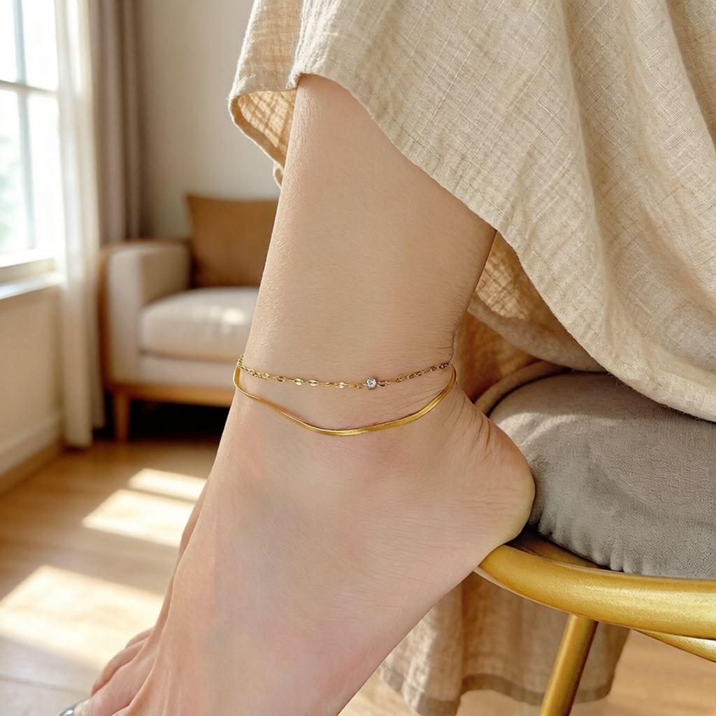 Tide Double-Layer Heart Anklet: 18K Gold-Plated Titanium Steel, Non-fading Fashion Light Luxury for Women