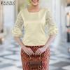 ZANZEA Women Casual Round Neck Embroidery Mesh Splice 3/4 Sleeve Satin Blouse