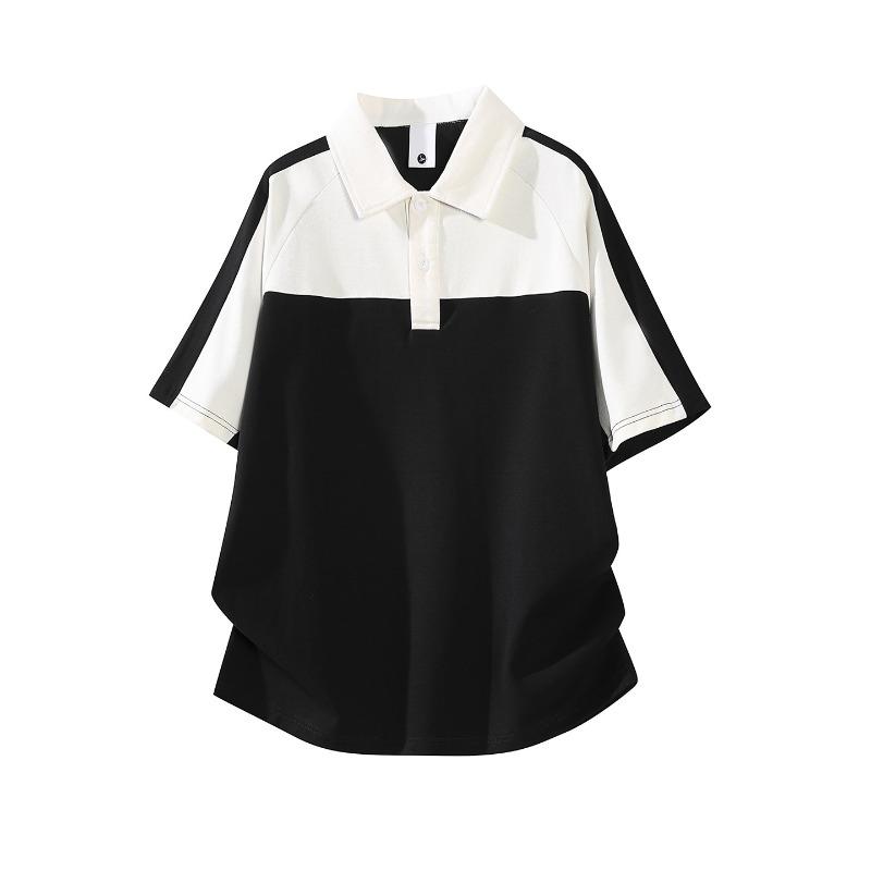 Men Color Block Patchwork Polo Shirt Collar Short Sleeve Loose Casual Retro Daily Street Summer Top