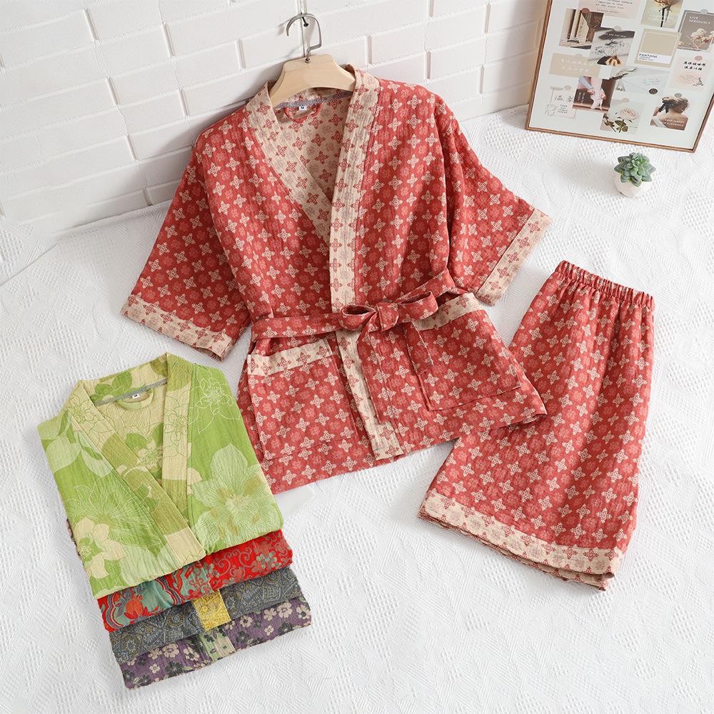 Cotton Double-layer Yarn Jacquard Sweat Steam Clothes Hotel Bathrobe Physiotherapy Clothes with Shorts Pajamas for Women