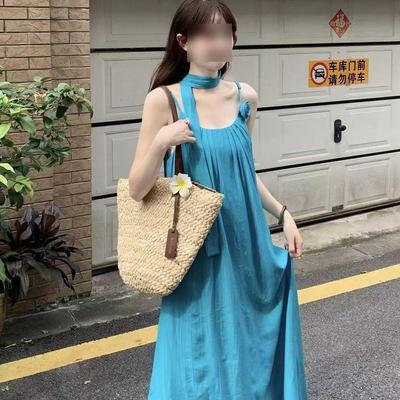 Seaside Beach Dress To Ankle Super Long Holiday Style Tall Loose Pleated Suspender Dress Summer