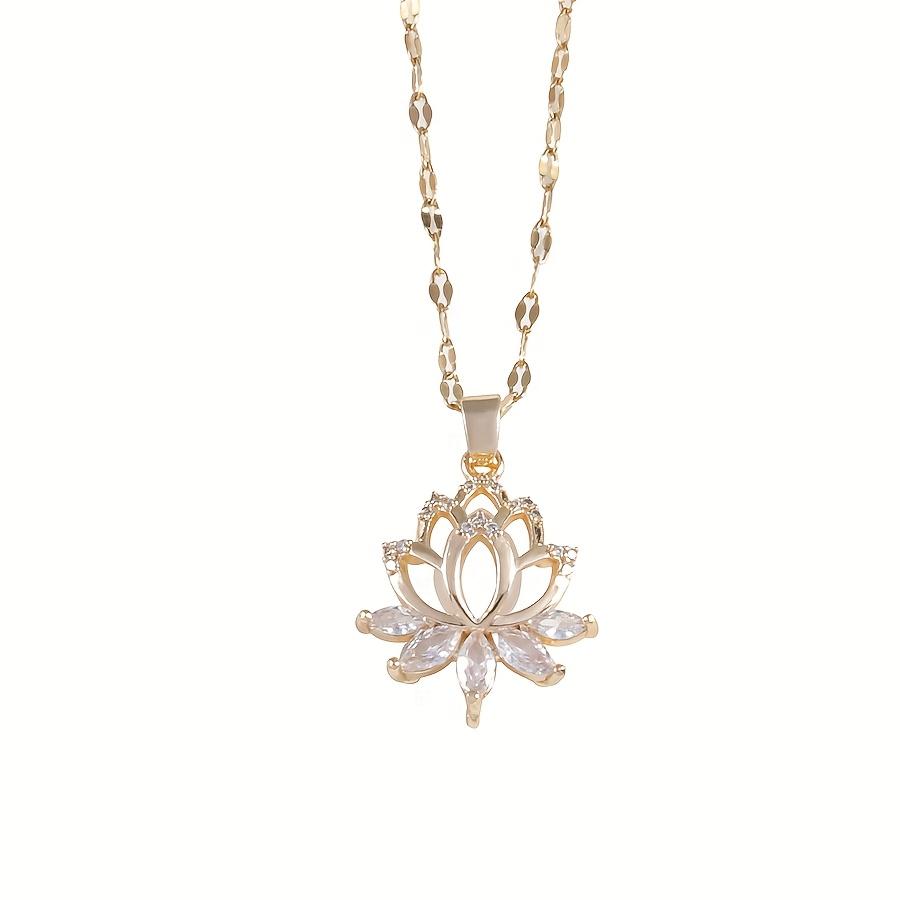 's Elegant Golden-Tone for Lotus Flower Pendant Necklace - Delicate Chain Jewelry with Sparkling Cubic petals, Everyday & Formal Necklace for Annivers