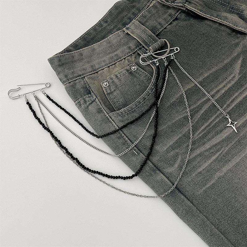 Punk Hip-hop Star Black Imitation Crystal Beads Chain Multi-layer Tassel Double Pin Brooches for Men Women Suit Brooch Jewelry