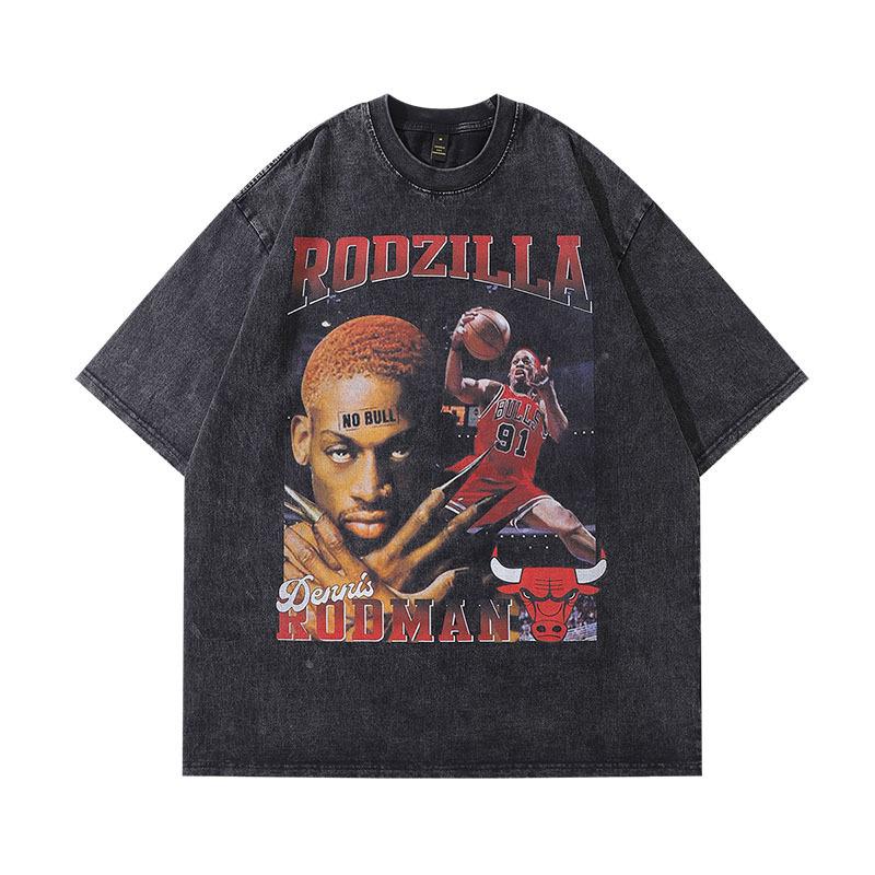 Men'S Clothing American High Street Trendy Brand Vintage T-Shirt Retro Portrait Printing Washed Loose Cotton Short-Sleeved T-Shirt Men