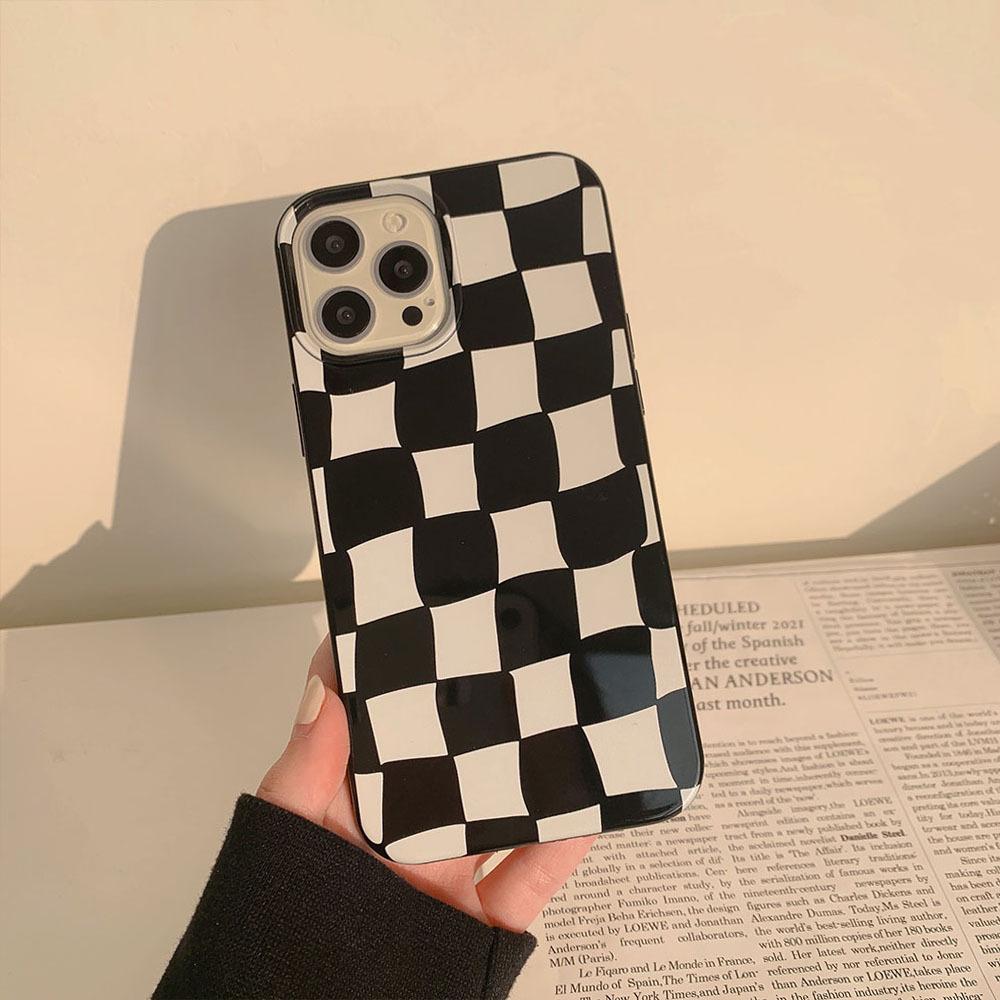 ins black and white grid love bracket 17 for iphone15pro max apple 16 mobile phone case 13 bright 14 soft