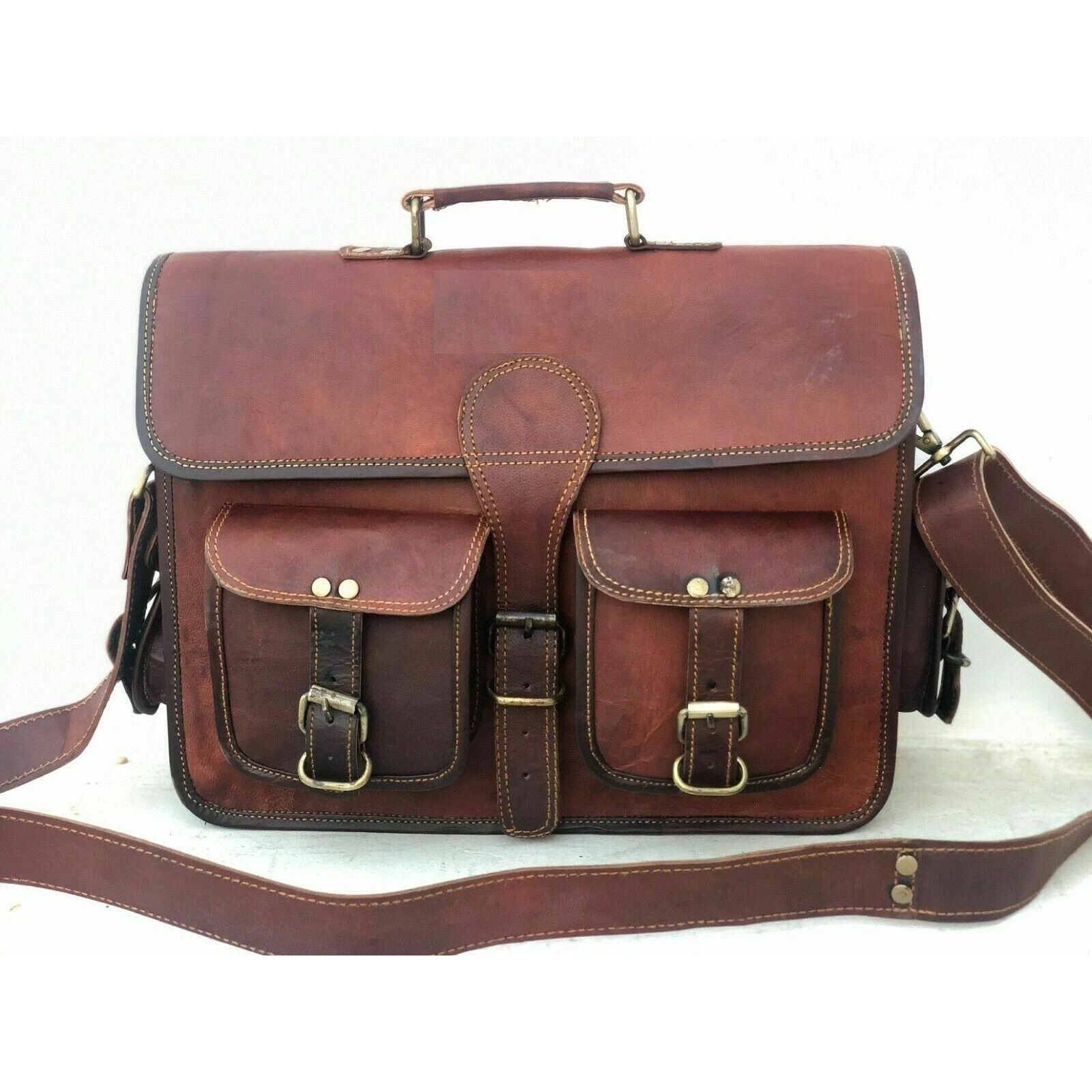 

Сумка из козьей кожи для ноутбука, коричневая, мессенджер, натуральная винтажная, мужская, настоящая, новая 18 x 14 x 6 in