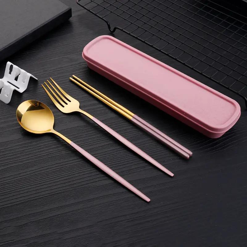 3pcs Thin Portuguese Portable Stainless Steel Cutlery Chopsticks, Forks, Spoons, Student Home Outdoor Picnic Tableware