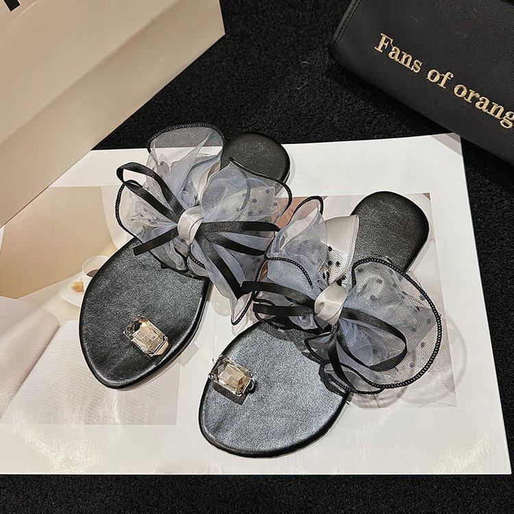

2026 new Mesh Bowknot Flat Heel Sandals Women Rhinestone Decor Clip Toe Beach Slippers Woman Plus Size Backless Sandals Female 42 сірий колір