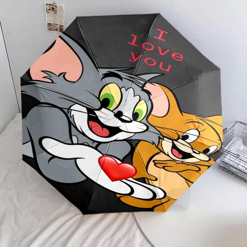 1pc Tom and Jerry pattern Umbrella Portable Folding Umbrella Iron Frame Hole Bone Structure Outdoor Home Umbrella