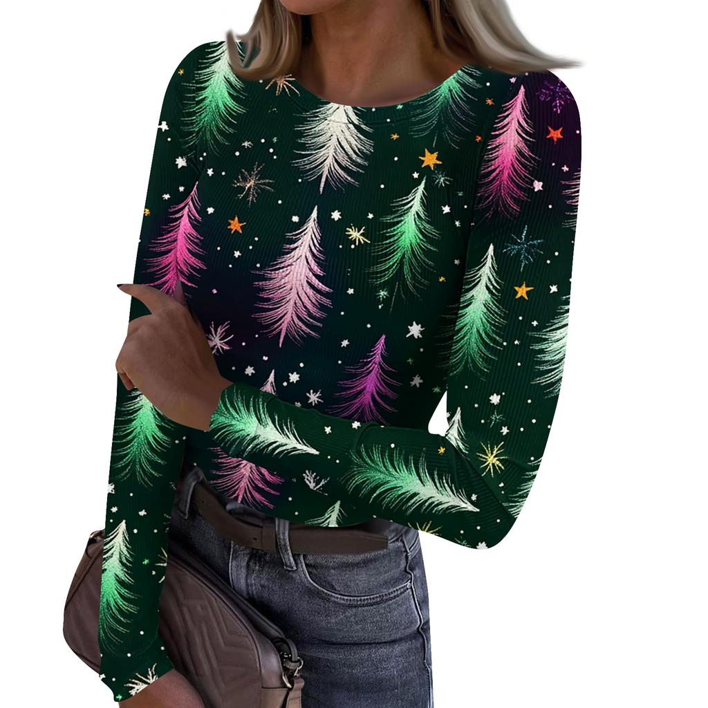 Women's Fashion Slim-Fit Round Neck Base Layer T-Shirt Christmas Print Long-Sleeved Top