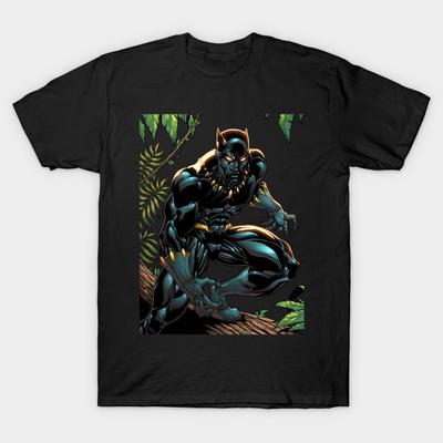 Asian Size Men Black Print T-shirt Black Panther No-Cut Heat Transfer Print Cotton Tshirt