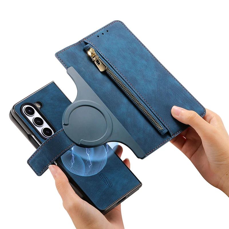 Magnetic 2 in 1 Detachable Flip Card Wallet Case for Magsafe Samsung Galaxy Z Fold 7 6 5 4 3 Zipper Cards Solt Leather Bag Cover