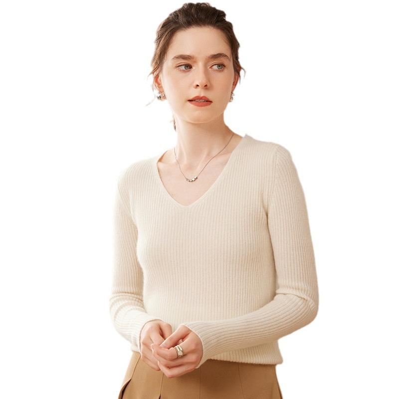 Women's V-Neck Cashmere Striped Slim Fit Long Sleeve Sweater - Warm Autumn/Winter Base Layer