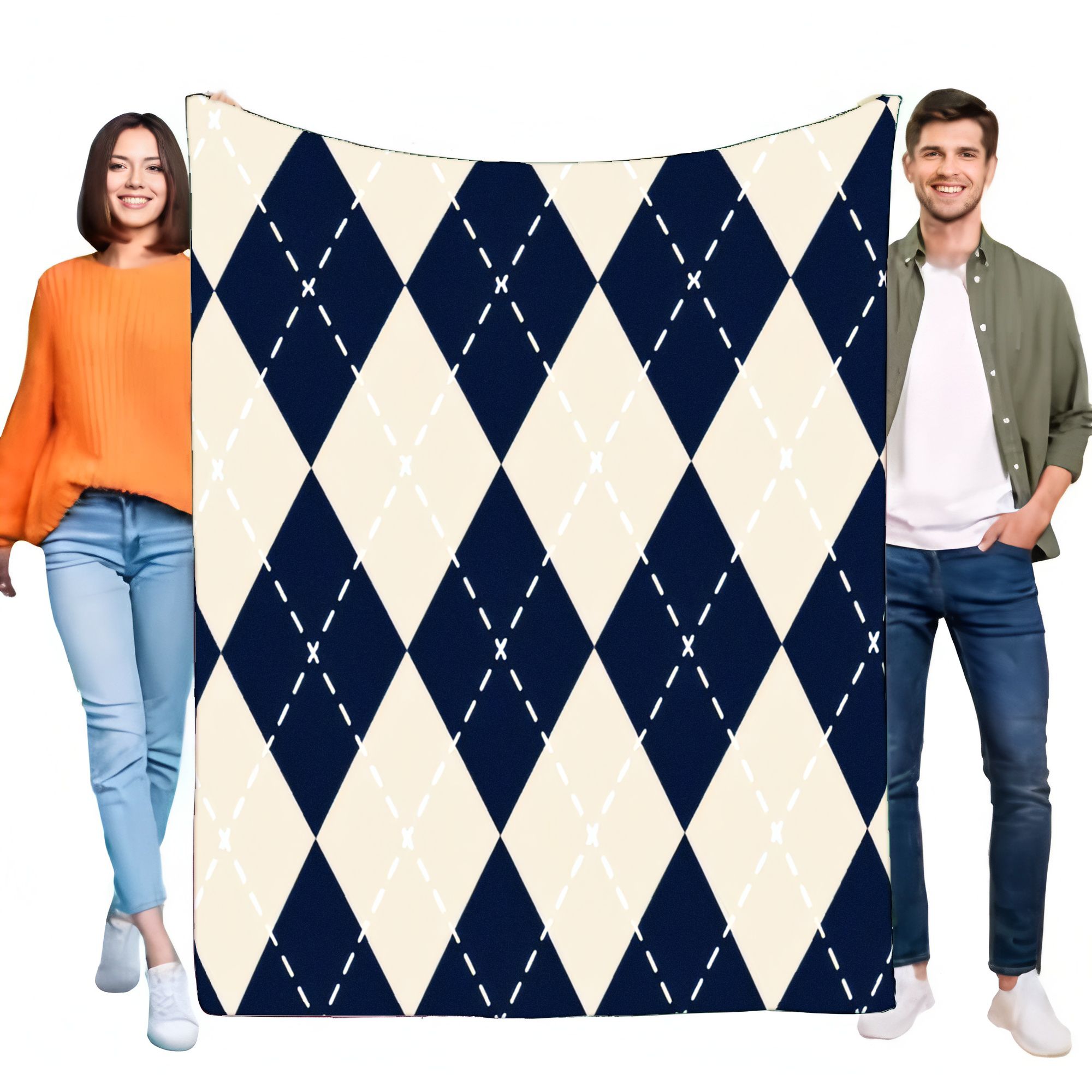Classic Preppy Navy Blue Cream Argyle Fleece Blanket Super Soft Warm Cozy Lightweight Throw Bed Sofa Living Room Home Decor Gift 75X95CM