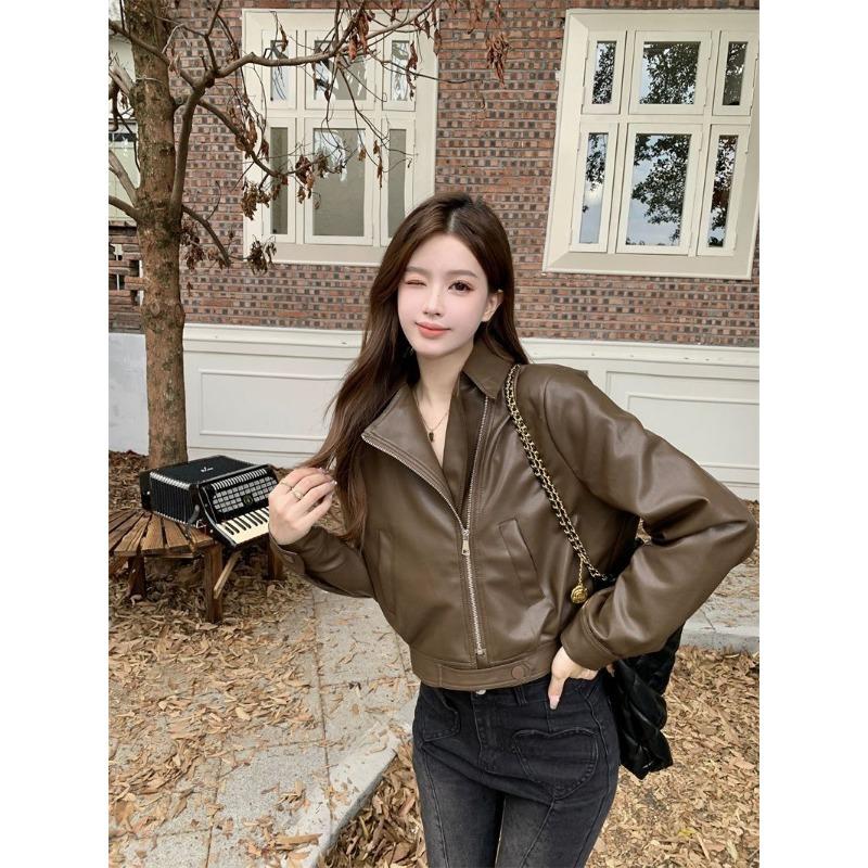 Høst Vinter Polo-hals Casual Mote Glidelås PU Lærjakke Kvinner Harajuku Cardigan Kåpe Yttertøy Topp