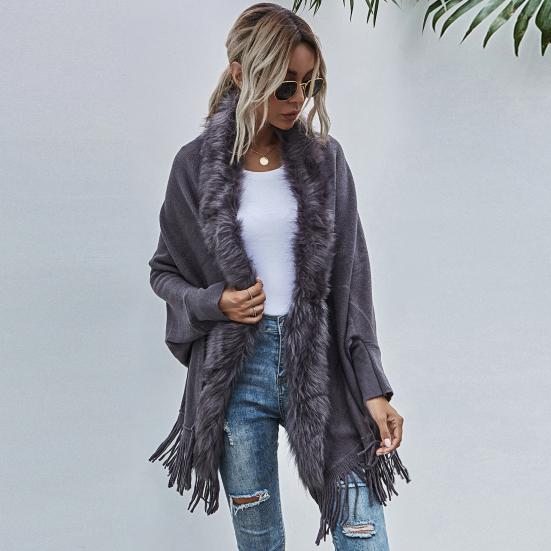 Batwing Long Sleeve Open Stitch Mid-Length Fit Shawl Loose Cardigan Fall Winter Artificial