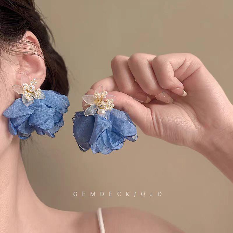 Синие серьги-гвоздики с жемчугом в виде цветов серьги для отпуска на море супер-фееричный темперамент серьги-гвоздики