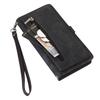 For iPhone 15 Pro Case Zipper Pocket 9 Card Slots PU Leather Phone Cover with Wrist Strap