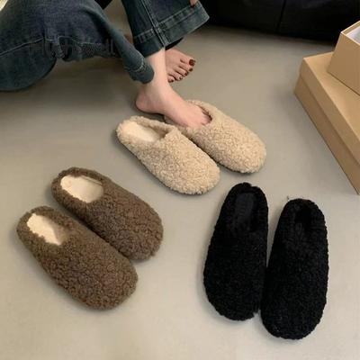 Modne Miękkie Mule z Wełny Jagnięcej Kobieta Zima Outdoor Pluszowe Wsuwane Płaskie Zapatos Damskie Kapcie Loafers z Teddy Futra Ciepłe Bawełniane Buty Domowe