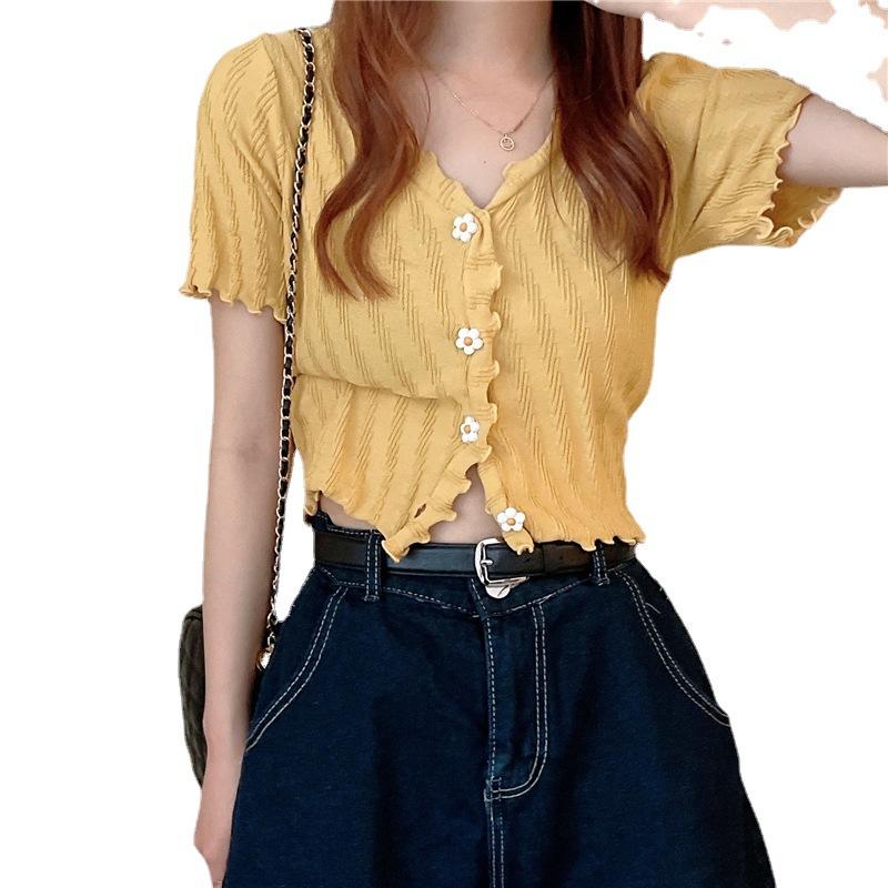 Mode Sommer Modisch Holz Ohr Rand Kurzer Abschnitt Bluse mit Kurzärmeligem Strickcardigan Weiblich Trend Lässig Wesentlich Schlanke Passform Pullover T-Shirts