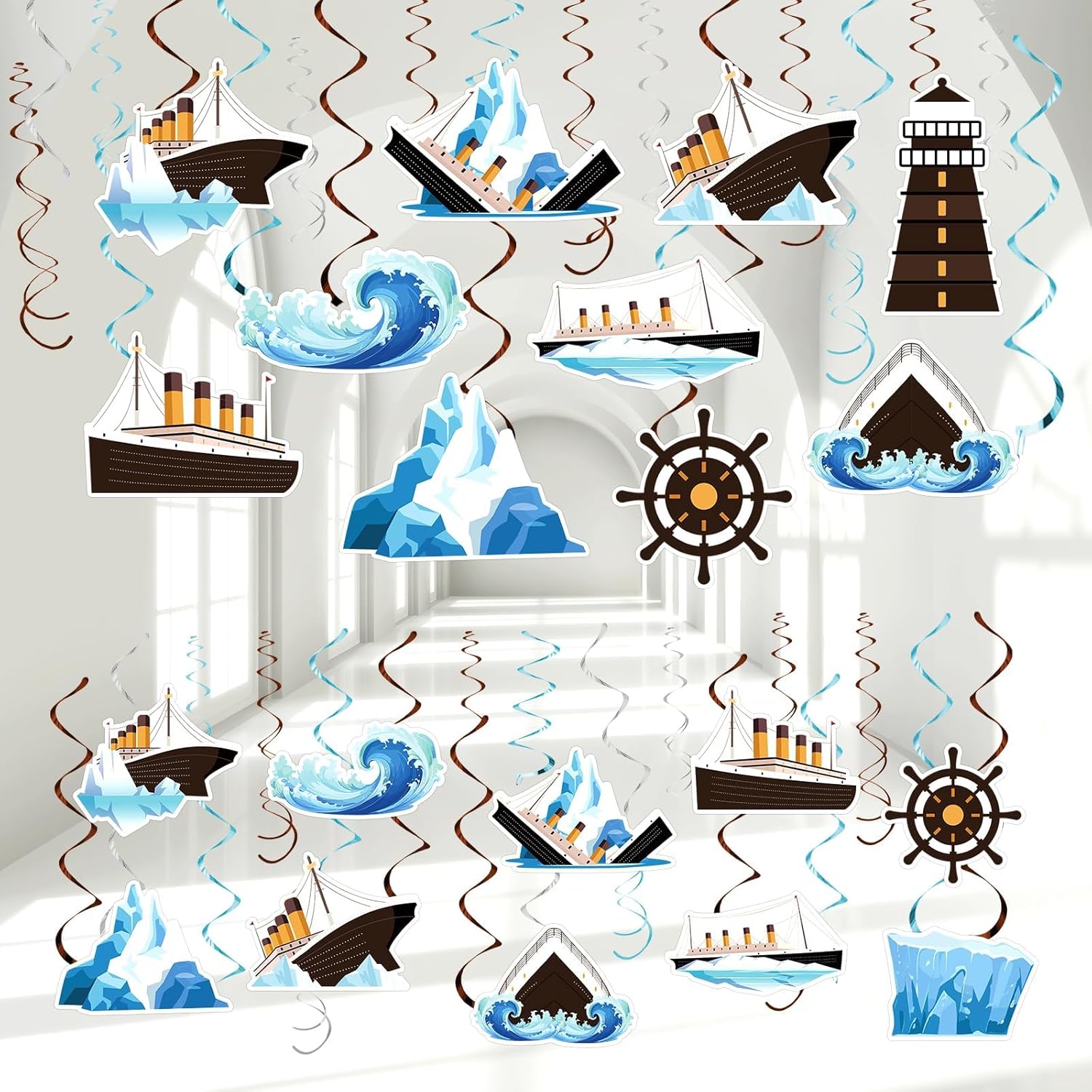 CHUNNIN 60PCS Nautical Party Supplies Cruise Hanging Swirls Ship Swirls Ocean Cruise Party Swirls Foil Ceiling Streamers for Nautical Cruise Theme