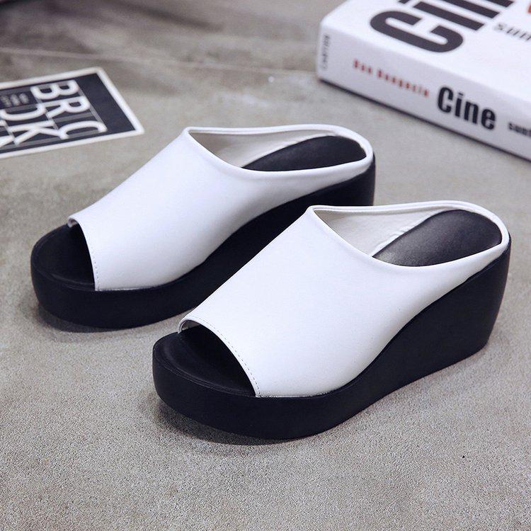 New slope heel cool slippers women's summer muffin thick sole solid color slippers high heel one word sandals