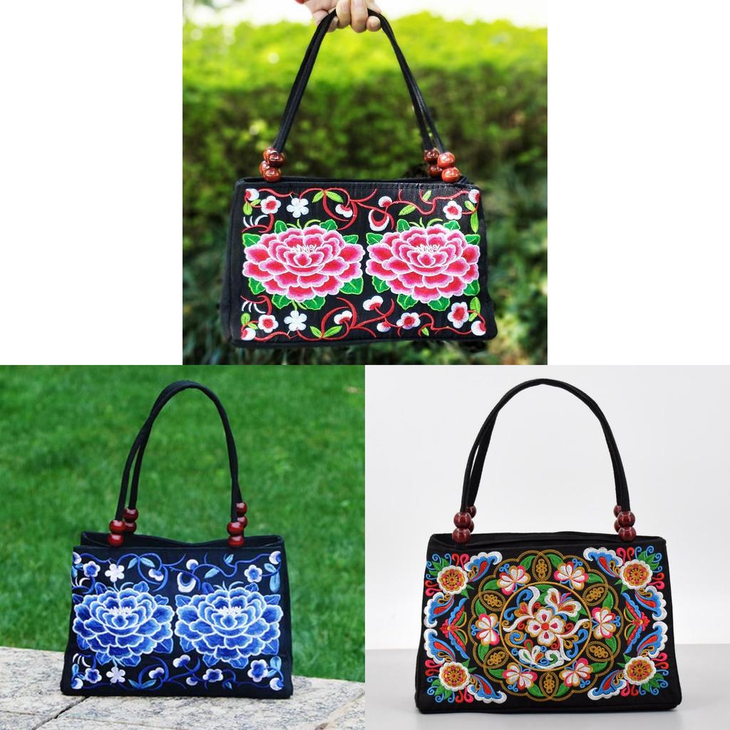 Artful Ethnic Doublesided Embroidered Canvas Handbag With Wooden Bead Accessories For Daily Use
