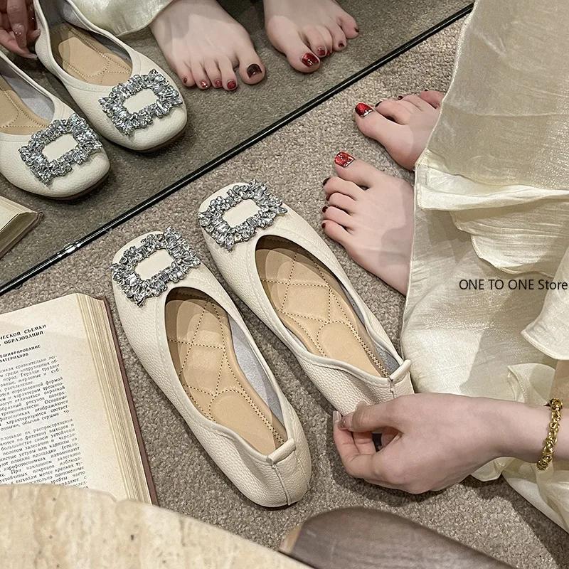 Fashion Plus Size Women Shoes Square Toe Pumps Spring New Rhinestones Buckle Slip On Women's Flat Shoes Ladies Office Work Casual Shoes