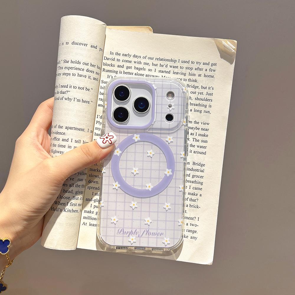 

3D Flower Purple Grid Pattern Magnetic Grip Tok Phone Case for iPhone 17 16 15 14 Pro Max Wireless Charge For Magsafe Cover iPhone 14 Pro