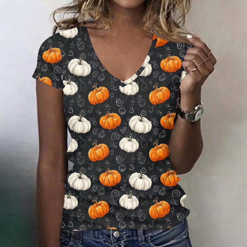 Women's V-Neck Halloween Print Lightweight Blouse for Spring and Summer