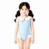 Girls Sleeveless One-Piece Swimsuit With Collar Plaid Japanese Style Comfortable Swimwear Pool Beach