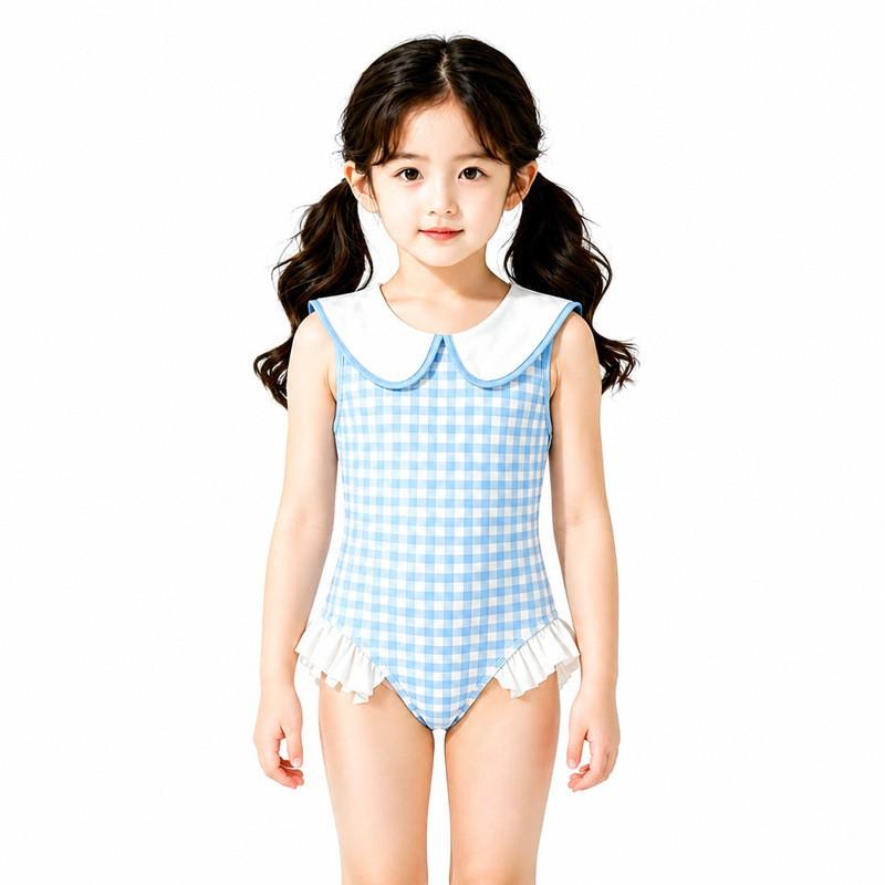 Girls Sleeveless One-Piece Swimsuit With Collar Plaid Japanese Style Comfortable Swimwear Pool Beach