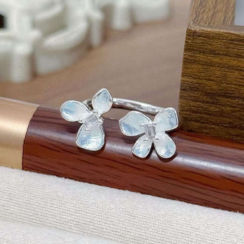 Small Fresh Enamel Ice Blue Flower Opening Ring Super Fairy Diamond Stacked Wearing Personality Sweet Super Fairy Ring Woman