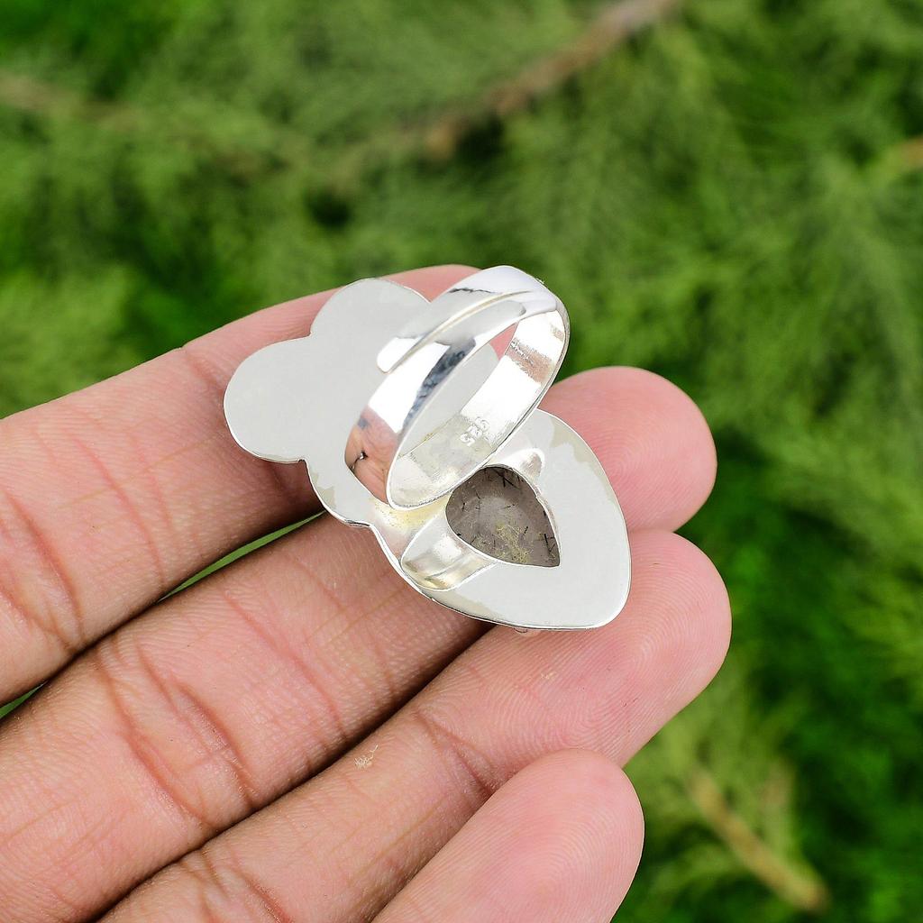 Natural Black Rutilated Quartz Promise Flower Stackable Ring Jewelry 925 Silver