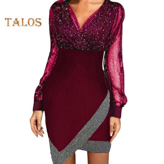 

Женское платье весна-осень с V-образным вырезом, рукавами-фонариками, неровным подолом, прозрачная сетка, пайетки, пэчворк, облегающее, длиной выше колена, мини-платье для выпускного вечера S вино красного