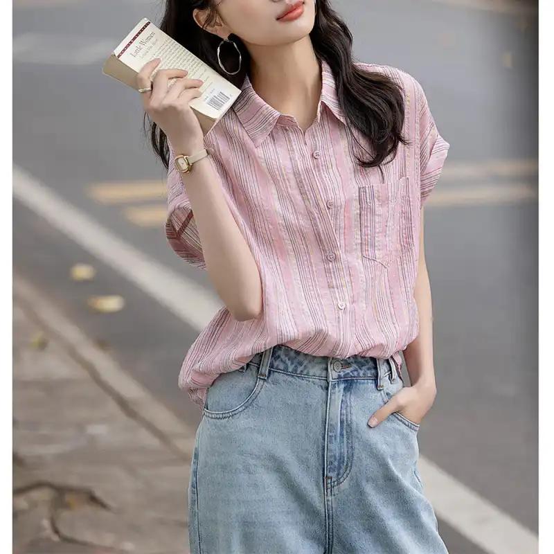 

Women s Striped Linen Shirt Oversized Fit Short Sleeve Casual Button-Down Top L