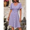 Summer Women's Round Neck Button Stretch Casual Temperament Short Sleeve Dress